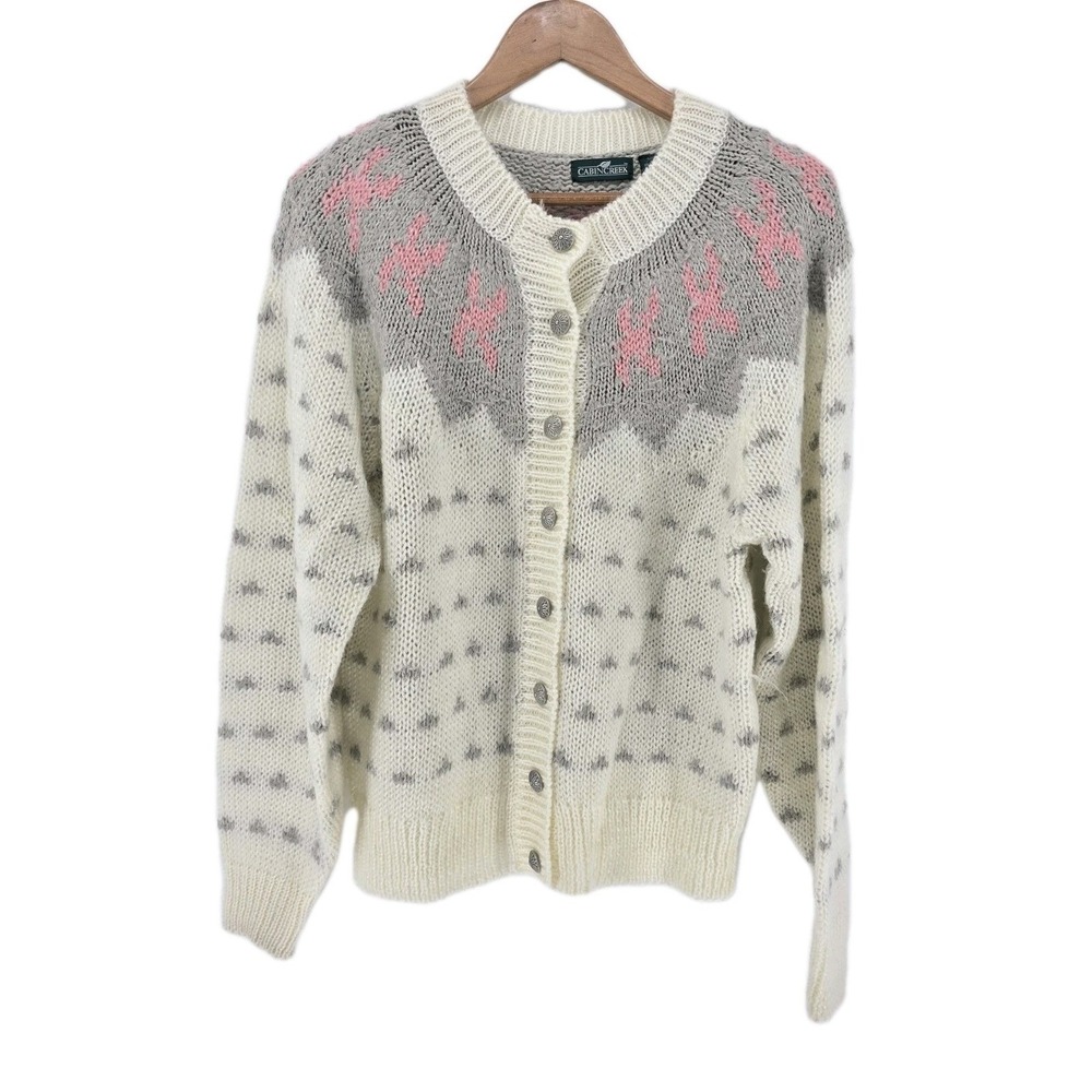 Cabin Creek Cardigan Sweater Womens Large Cream Gray Pink Fair Isle Vintage Knit